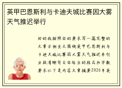 英甲巴恩斯利与卡迪夫城比赛因大雾天气推迟举行 英甲巴恩斯利与卡迪夫城比赛因大雾天气推迟举行